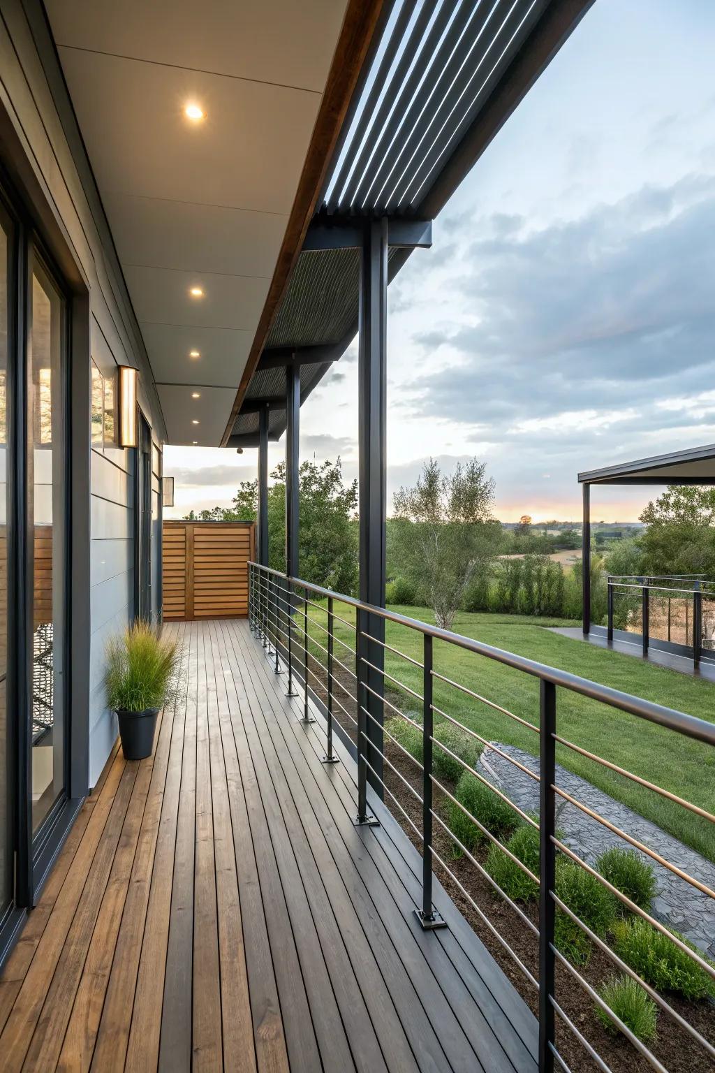 Mixing textures like wood and metal adds depth to this porch.