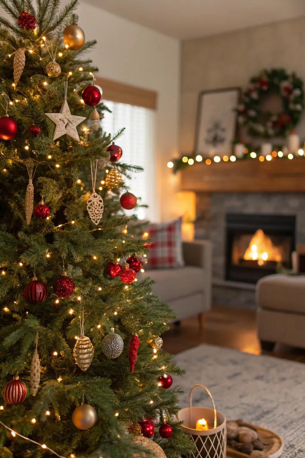 An eco-friendly Christmas tree featuring sustainable decorations and LED lighting.