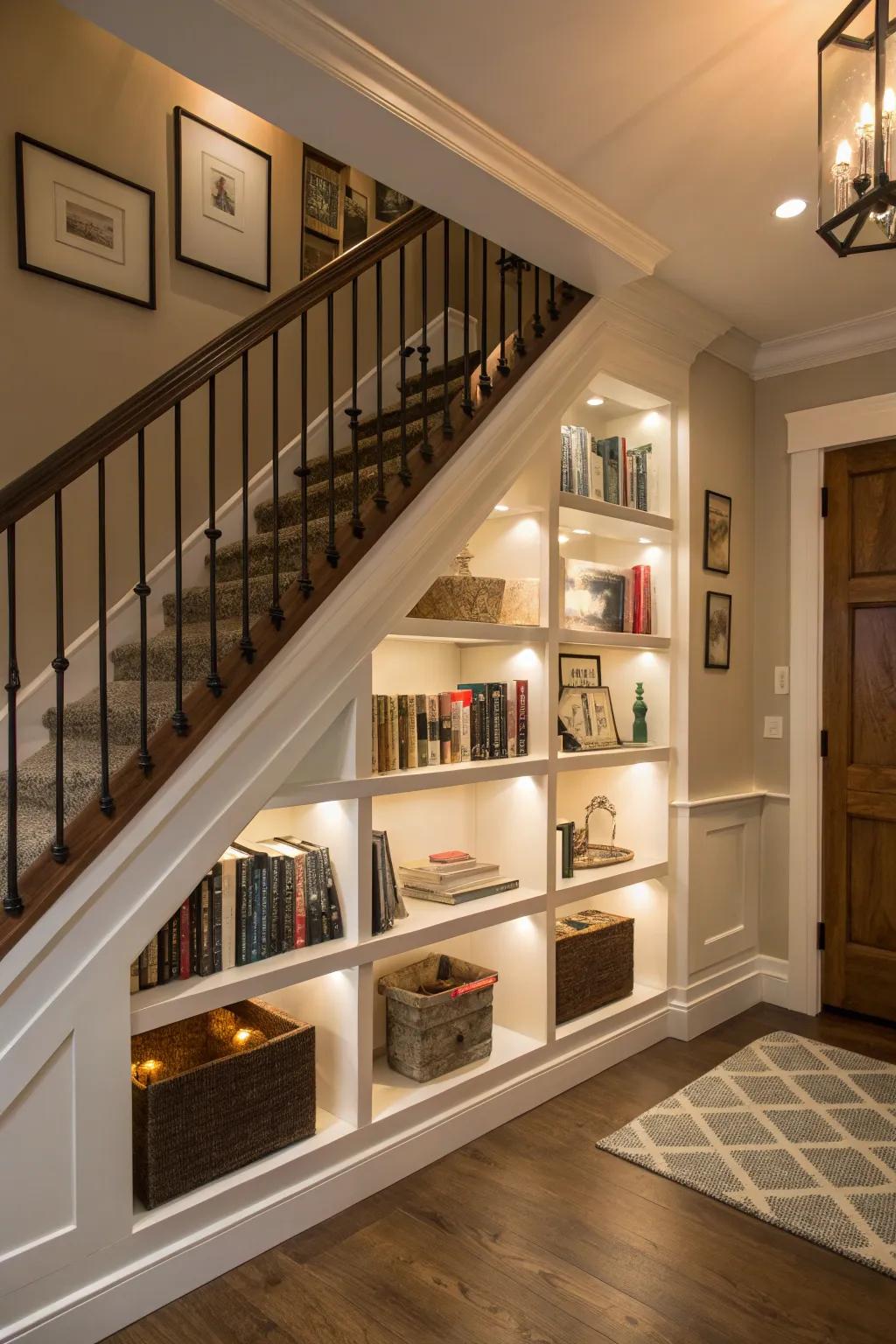 A creative use of space under the stairs for a mini-library.