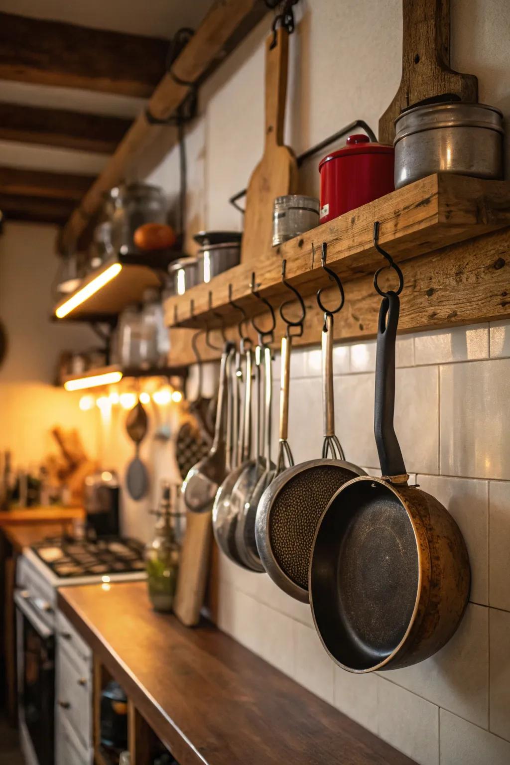 Pot rack serving as a dual-purpose storage and decor feature.