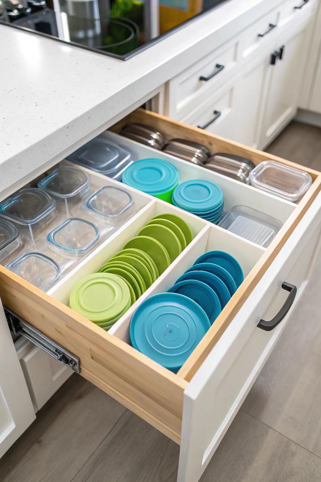 Kitchen drawer with tension rods organizing plastic lids.