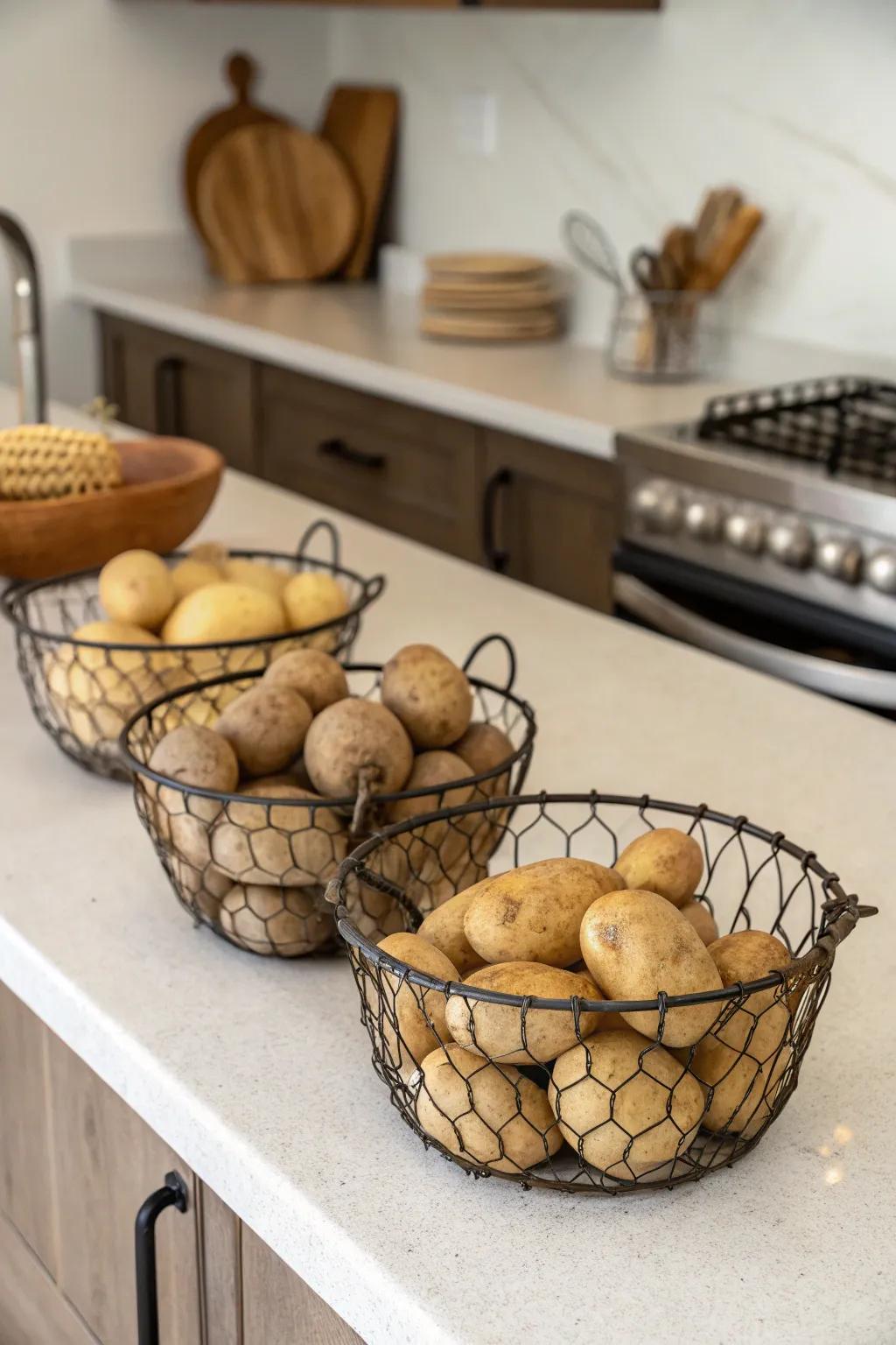 Chic wire baskets keep potatoes stylishly stored.