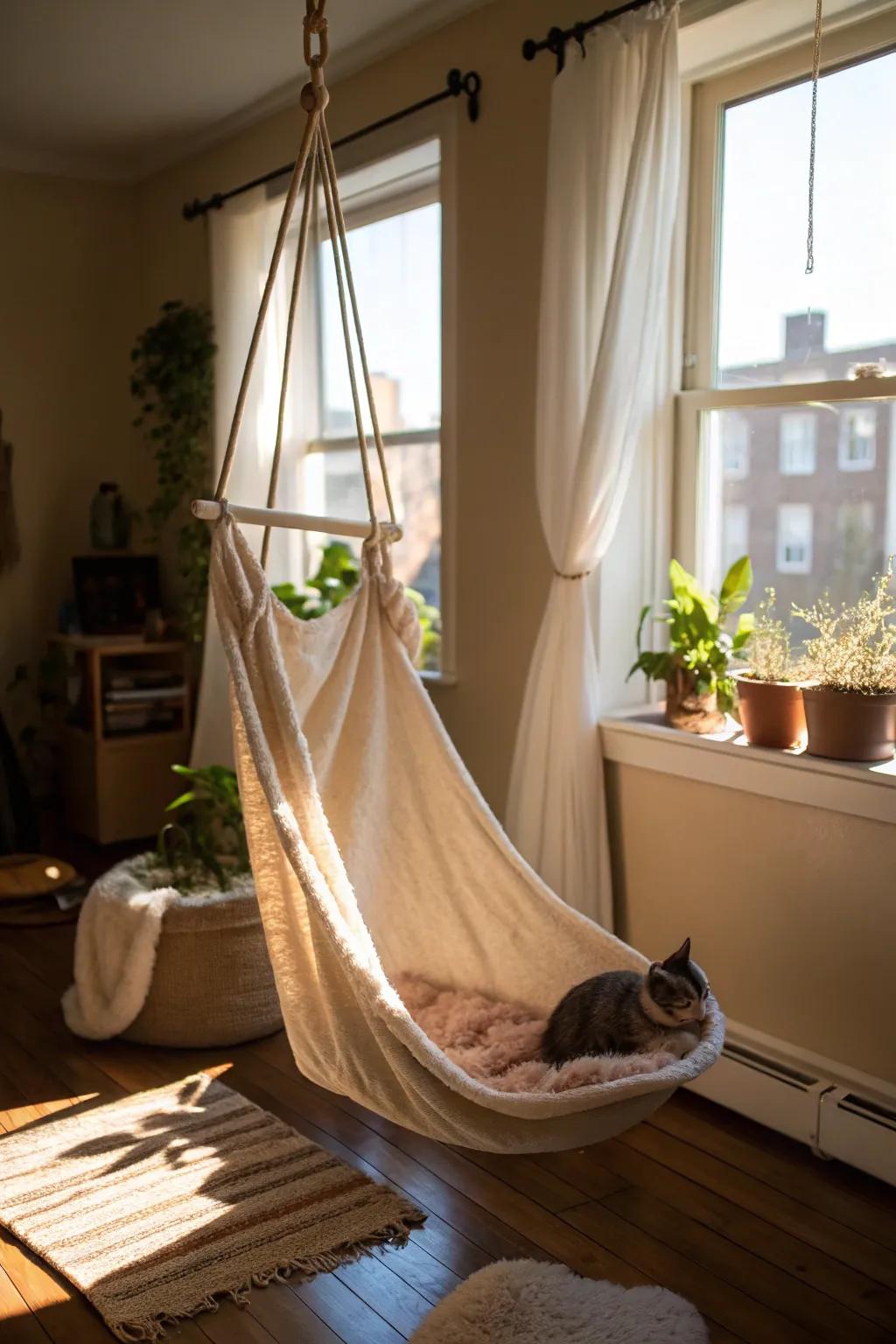 A hanging hammock offers a serene spot for cats to unwind.