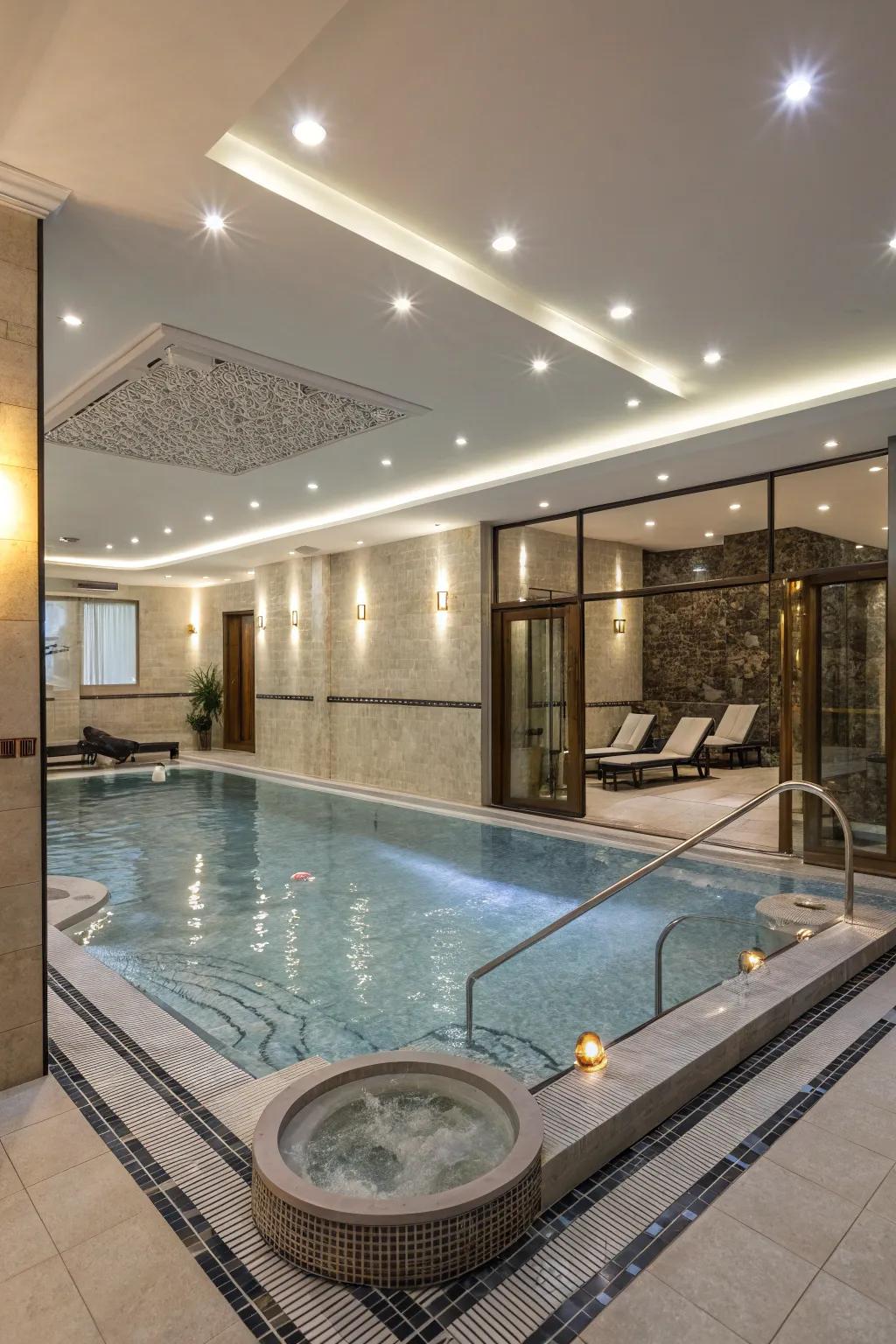 An indoor pool with an integrated jacuzzi for ultimate relaxation