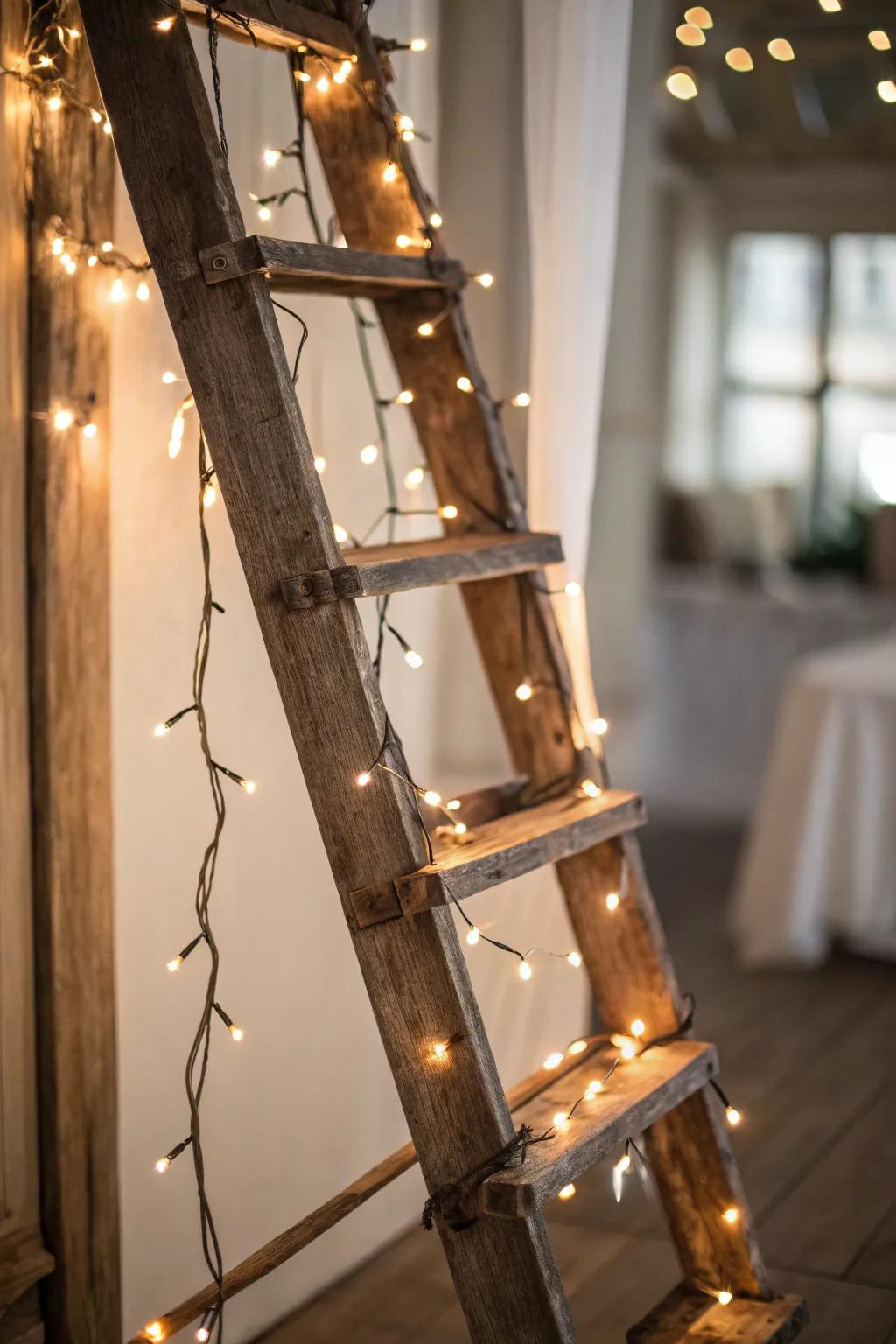 Add charm to any space with a rustic ladder adorned with string lights.