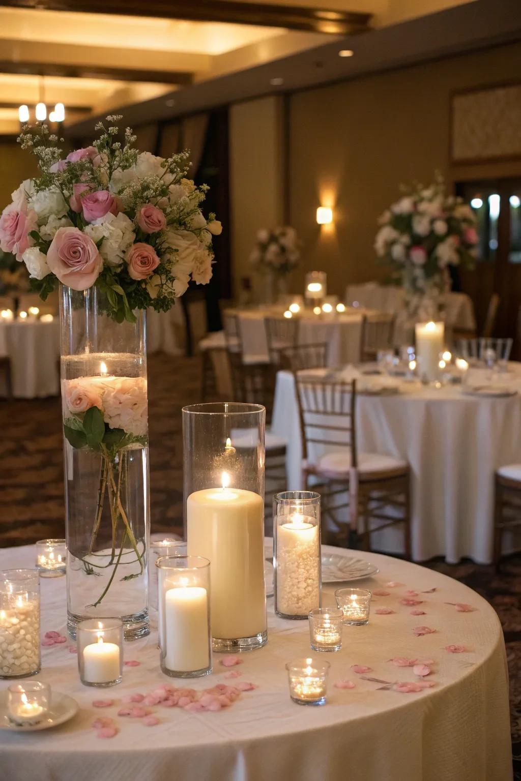 Floating candles creating a stunning centerpiece for the wedding.