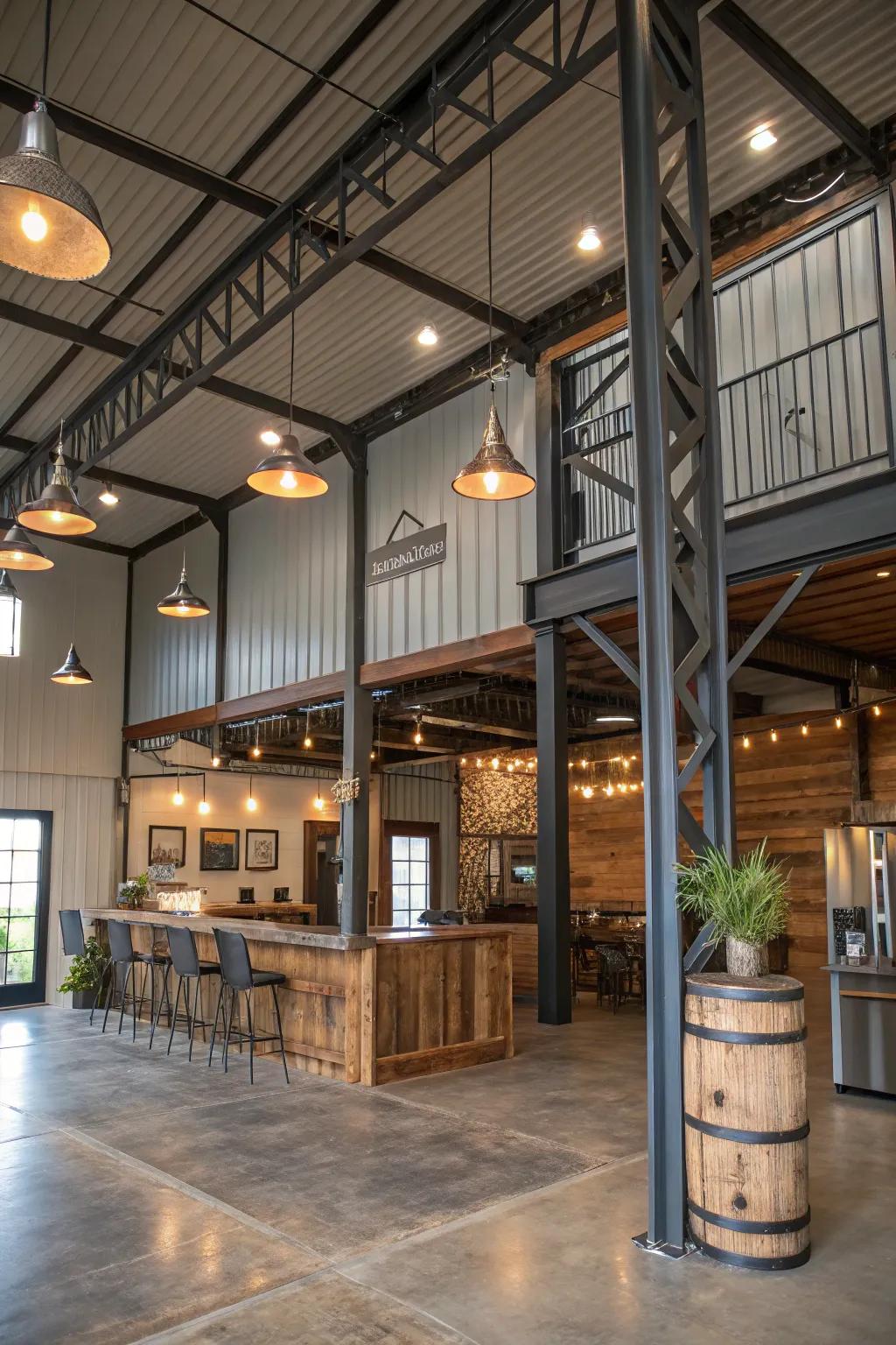 Industrial touches bring a modern twist to traditional barndominiums.