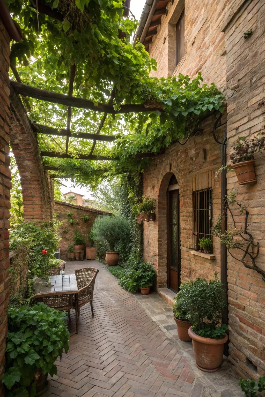 Brick walls enhance the rustic Italian ambiance of a patio.