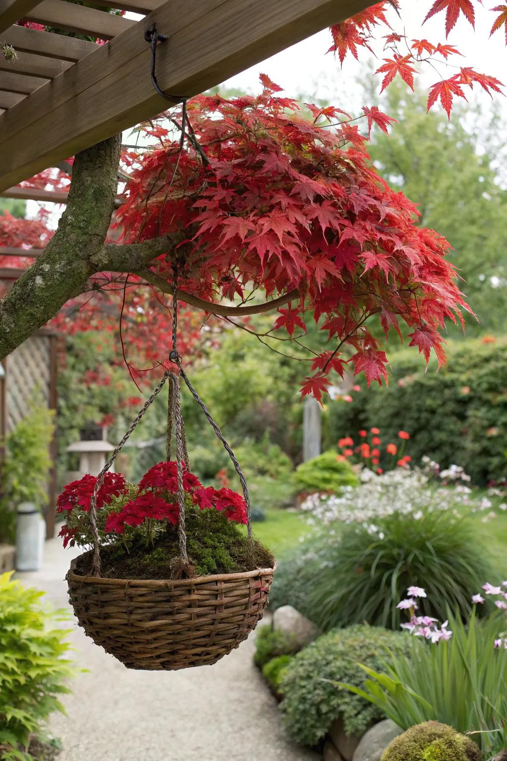 Defying gravity with a Japanese maple in a hanging basket.