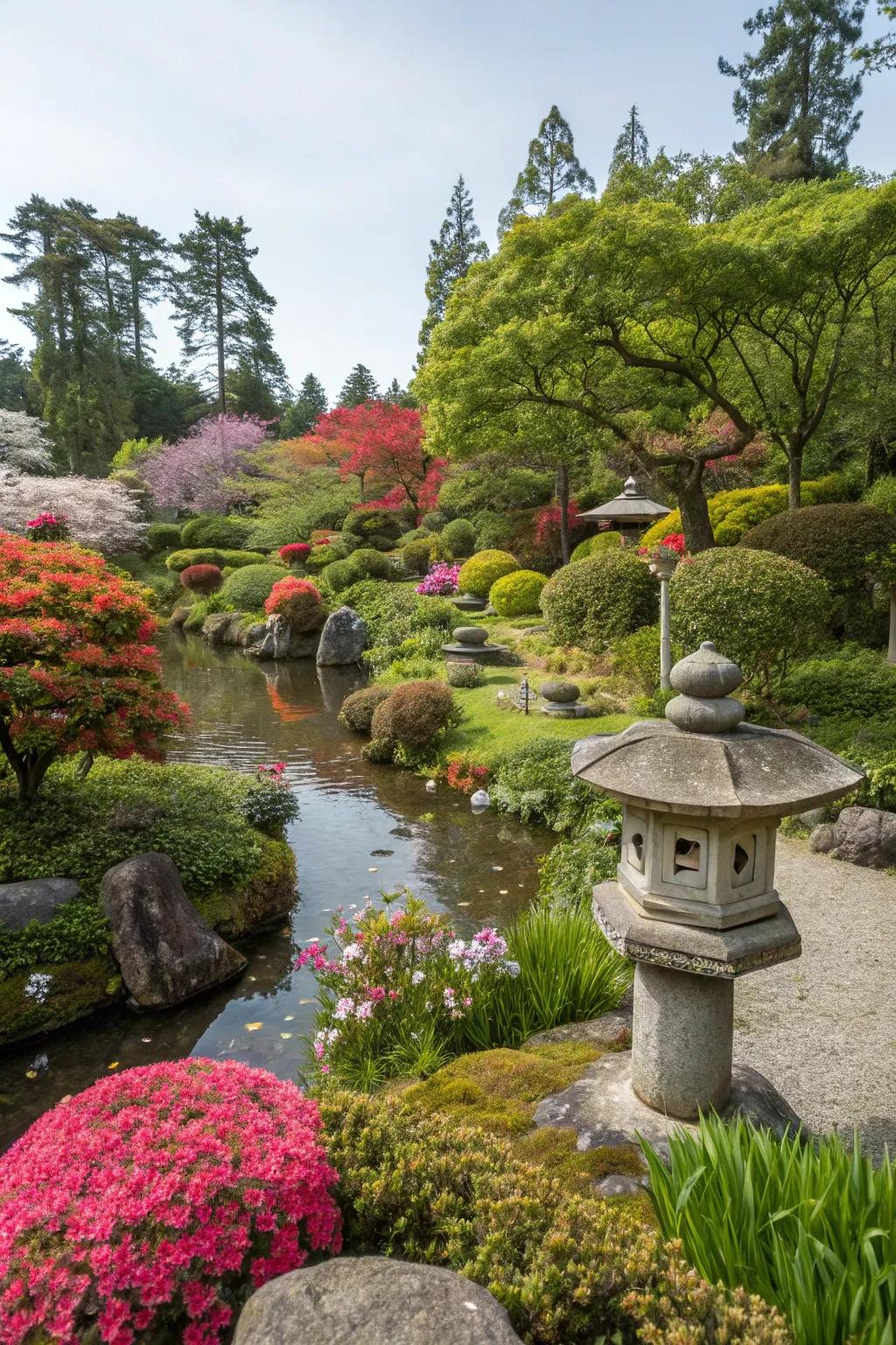 Vibrant seasonal foliage and flowers in a Japanese garden.