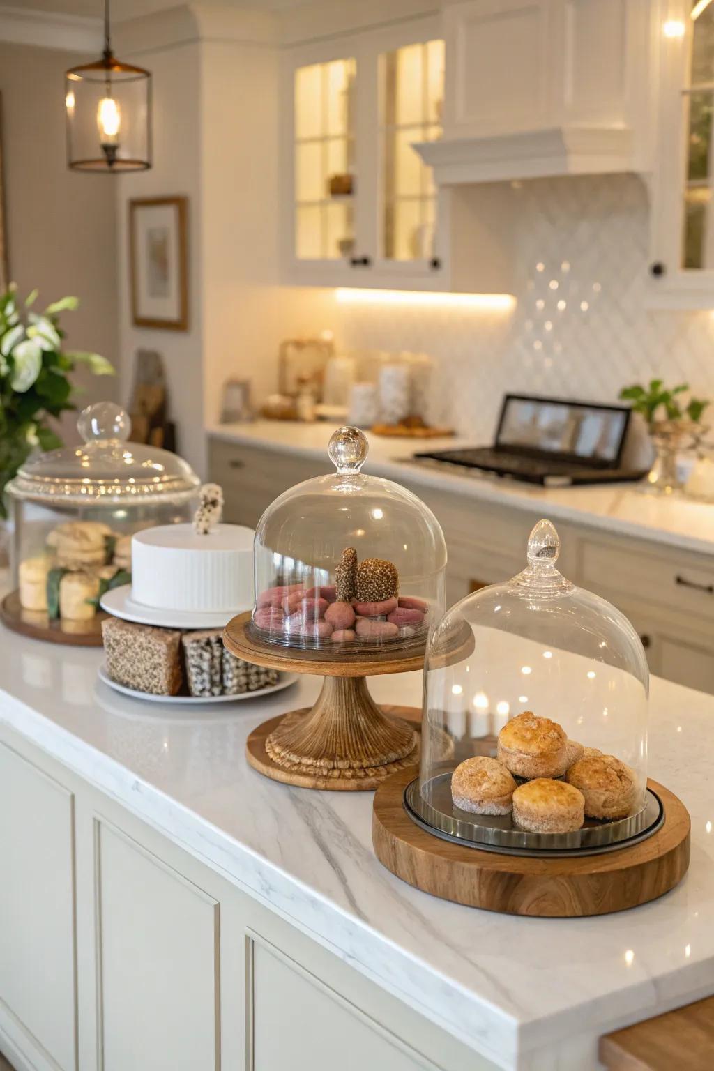 Artful display cases enhancing kitchen decor.