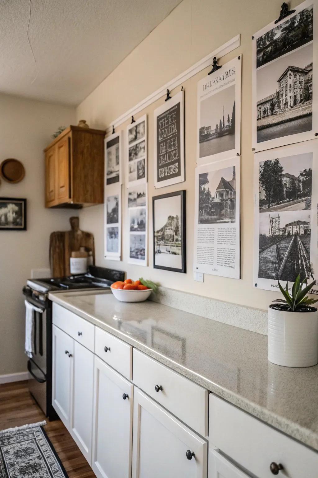 Monochrome posters for a modern and elegant kitchen atmosphere.