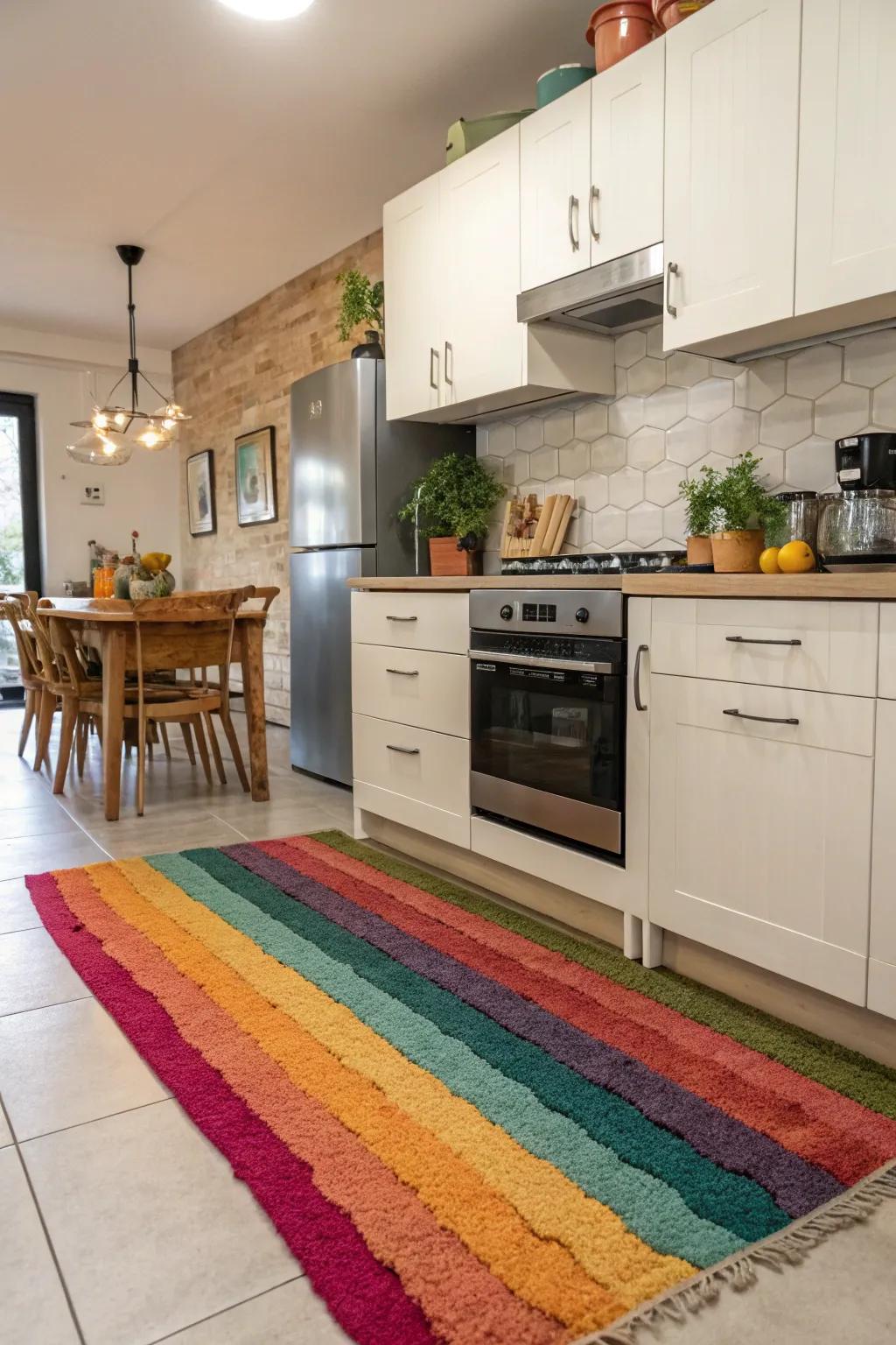 An unexpected pop of color in your rug can bring joy and character to your kitchen.