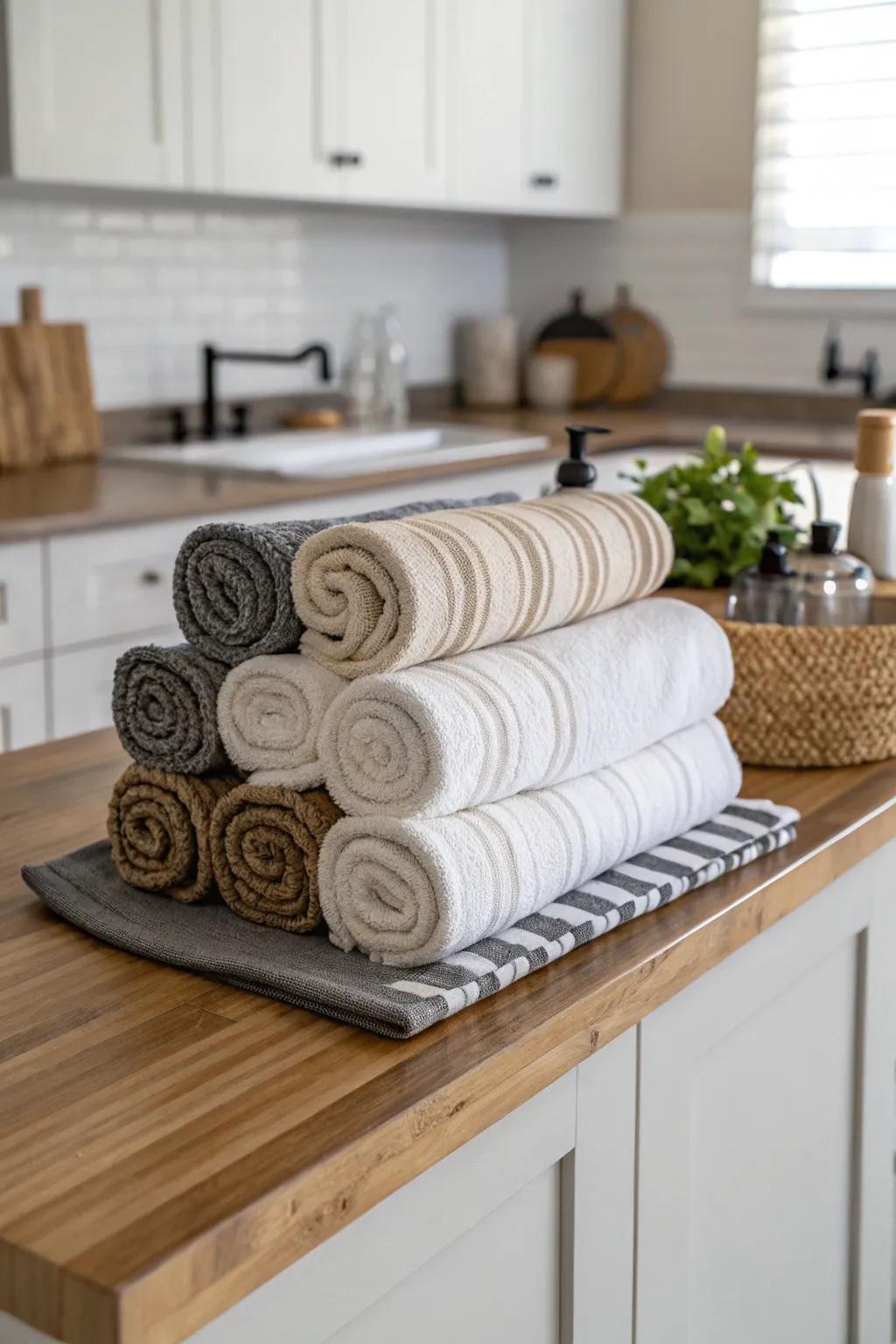 Mix folded and rolled towels for a dynamic display.