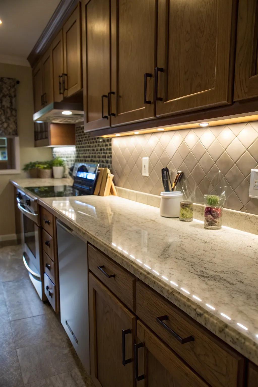 Strategic lighting enhances the beauty of laminate countertops.