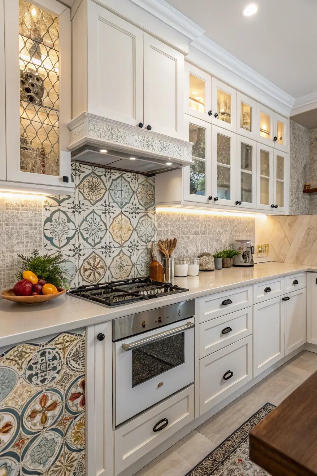 Create intrigue with a mix and match pattern laminate backsplash.