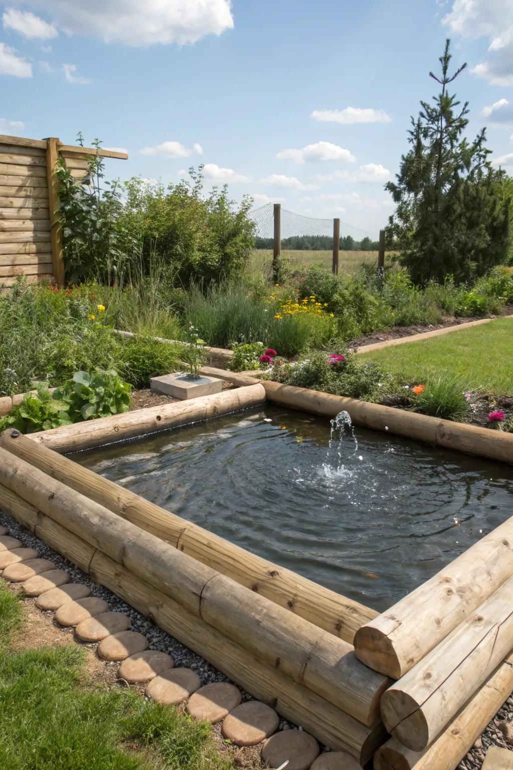 A timber-framed water feature adds tranquility to your garden.