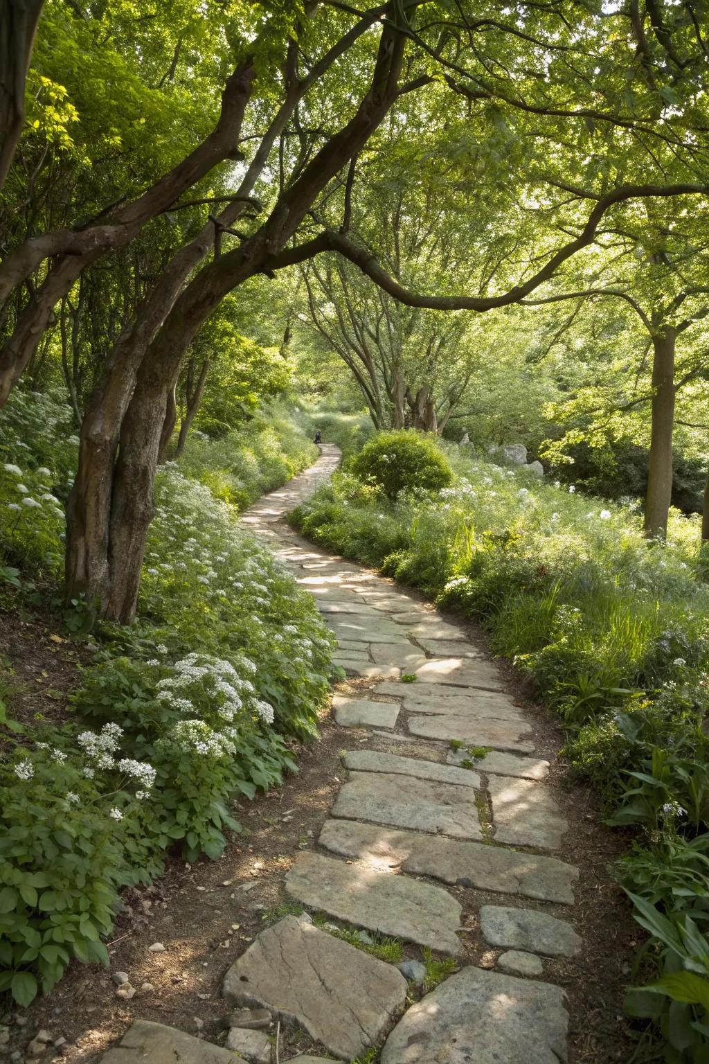 Stone edging seamlessly integrated into the forest landscape.