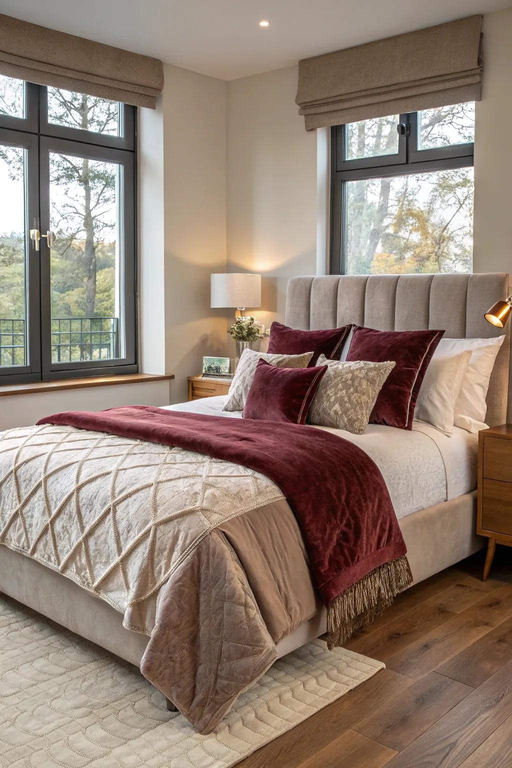 Textured bedding adds depth and comfort to this luxurious large bedroom.