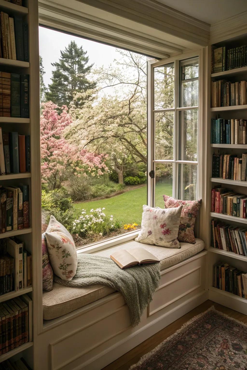 A window seat framed by bookshelves offers a cozy spot to relax and read.