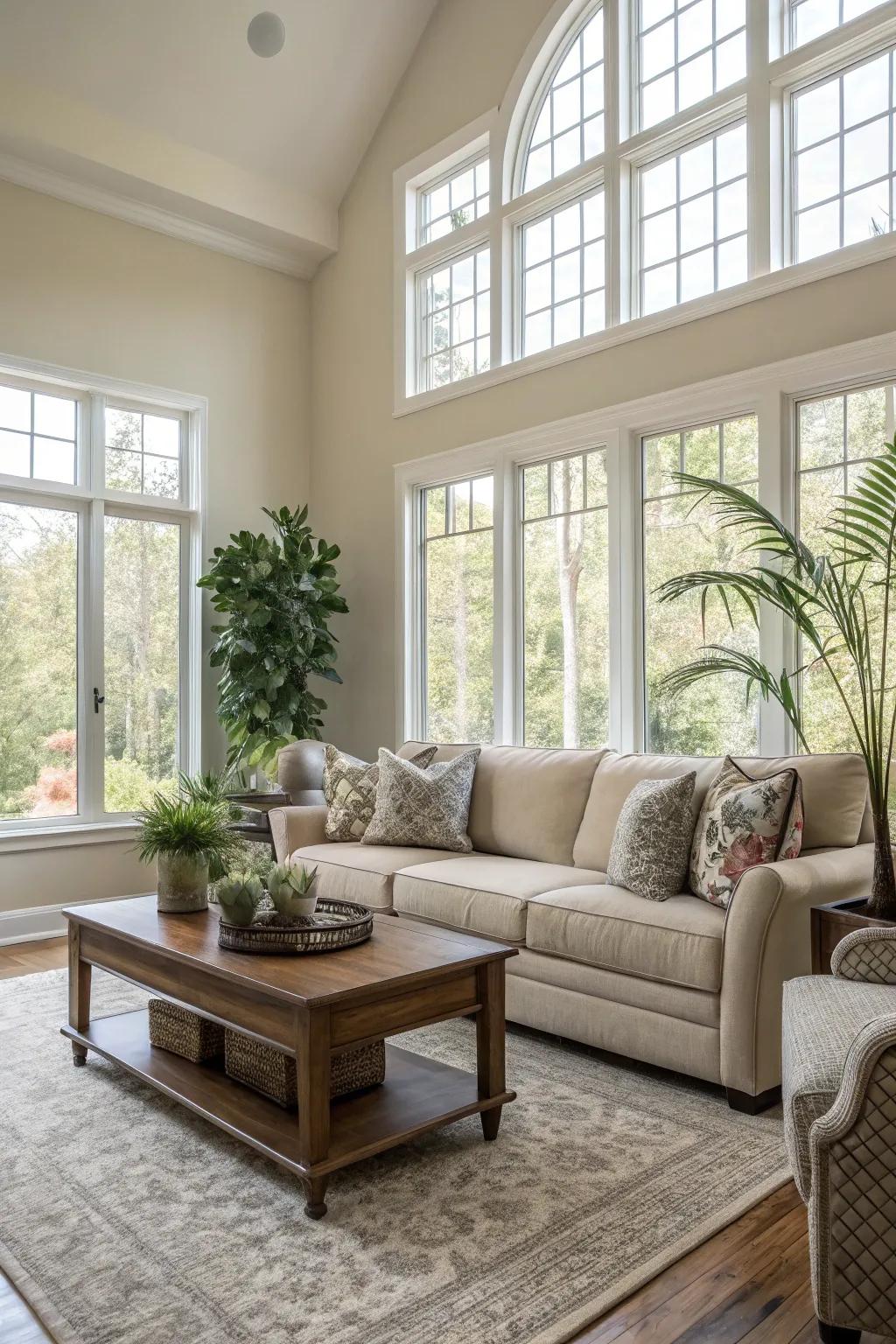 A harmonious neutral palette that highlights the views through large windows.