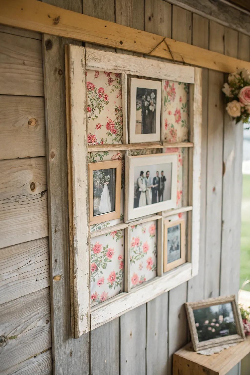 Repurposed window frames offer rustic charm.