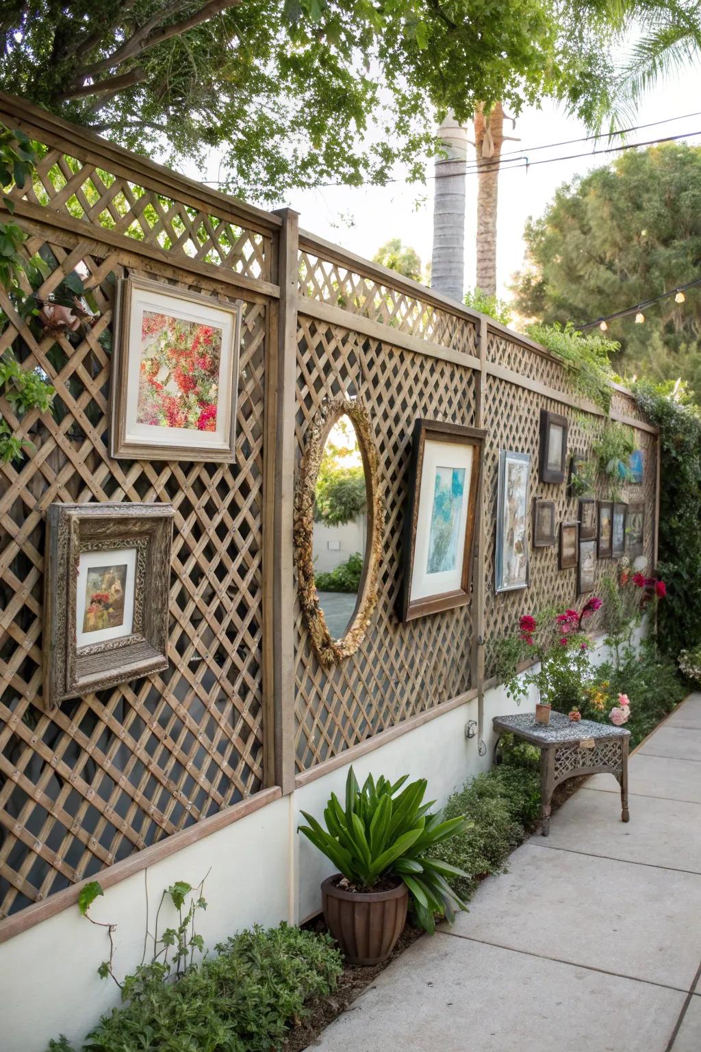 Enhance garden walls with lattice-backed art.