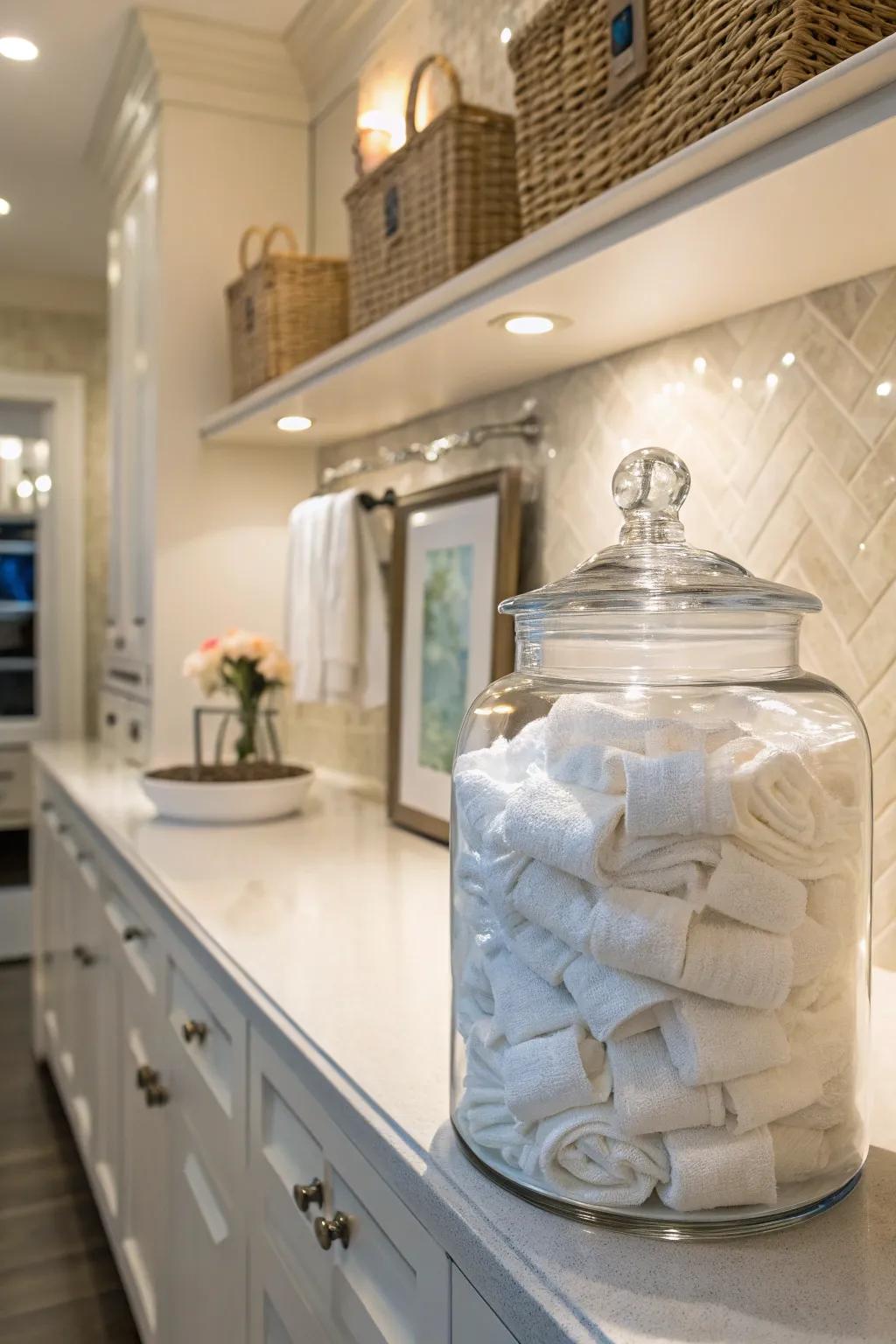 A large jar elegantly stores dryer sheets within reach.