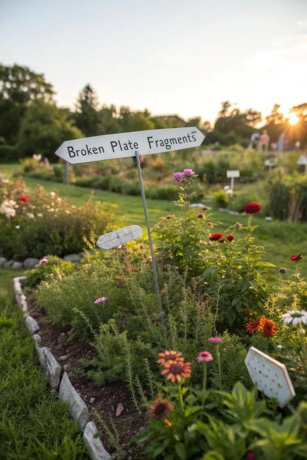 Garden plant markers made from plate fragments, symbolizing growth.