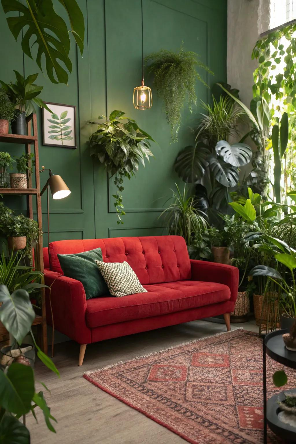 Plants bring a fresh and lively touch to a room, enhancing the vibrant red couch.