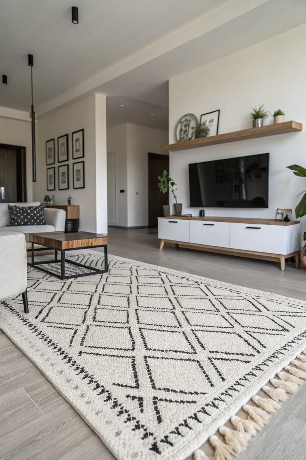 Monochromatic rugs enhance modern minimalist designs.