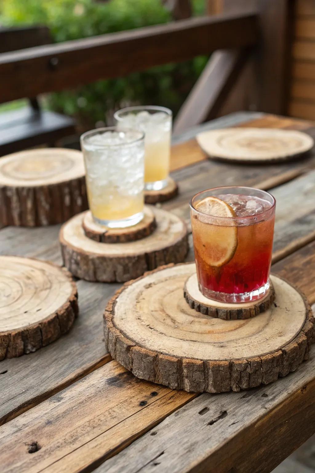 Log slice coasters on a coffee table.