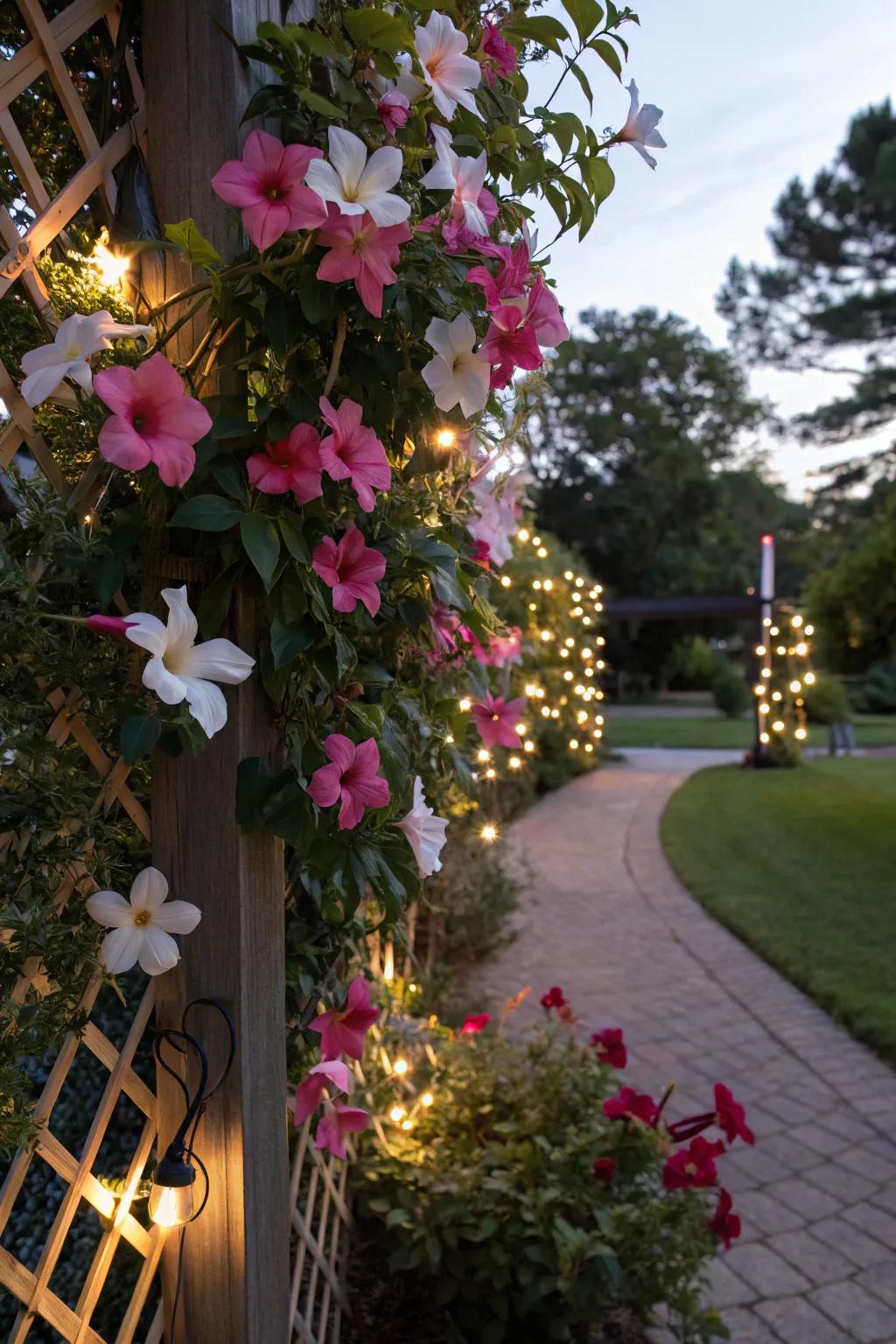 A solar-lit trellis with mandevilla creates a magical nighttime garden scene.