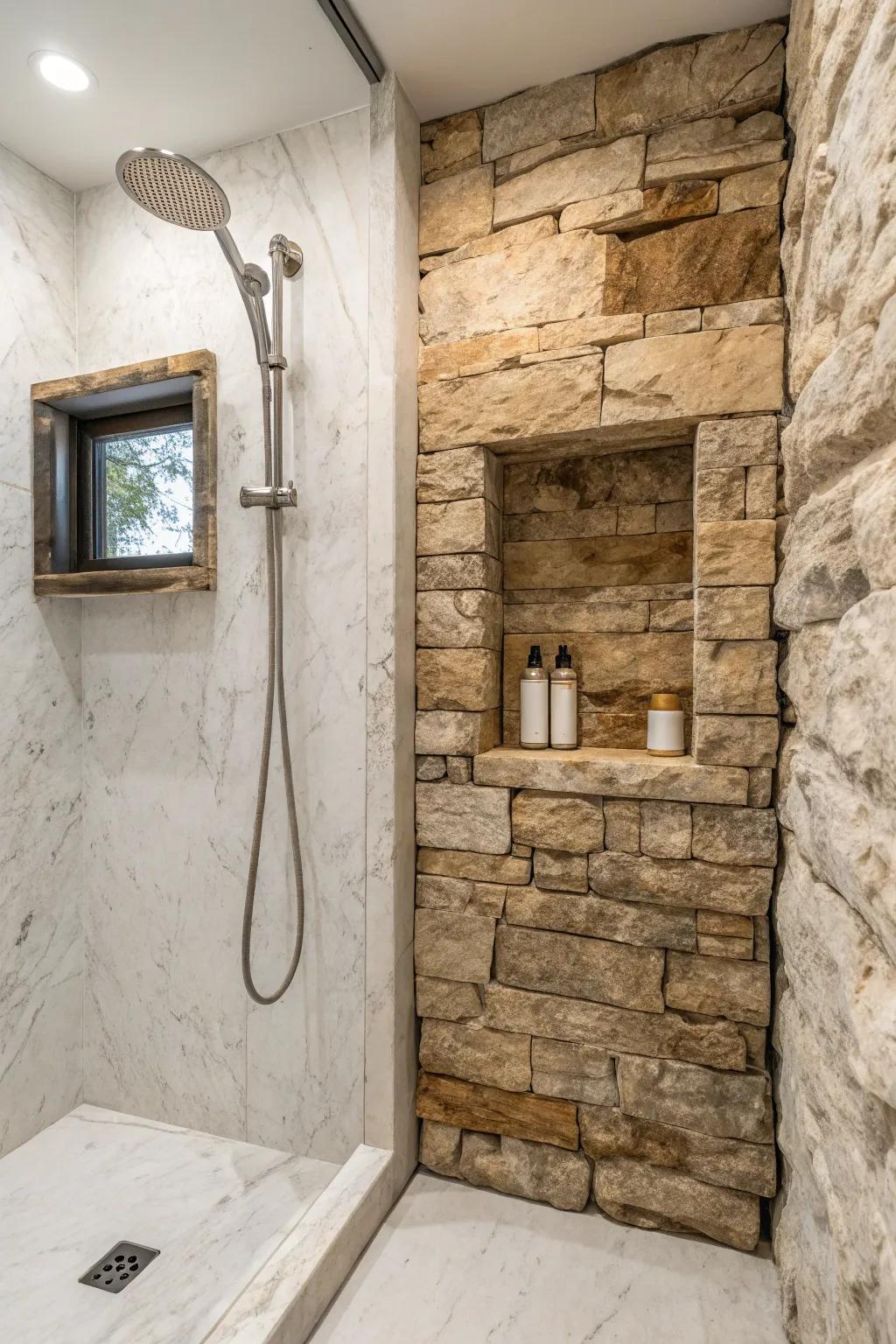 Rustic rough-cut marble adds charm to a modern shower.