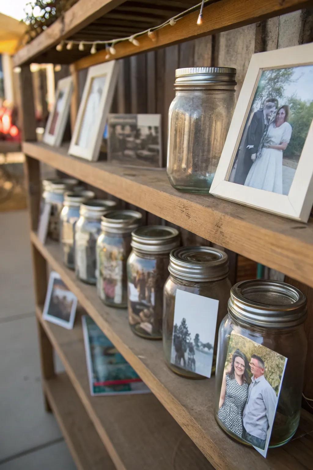 Add a personal touch with nostalgic photo displays in mason jars.