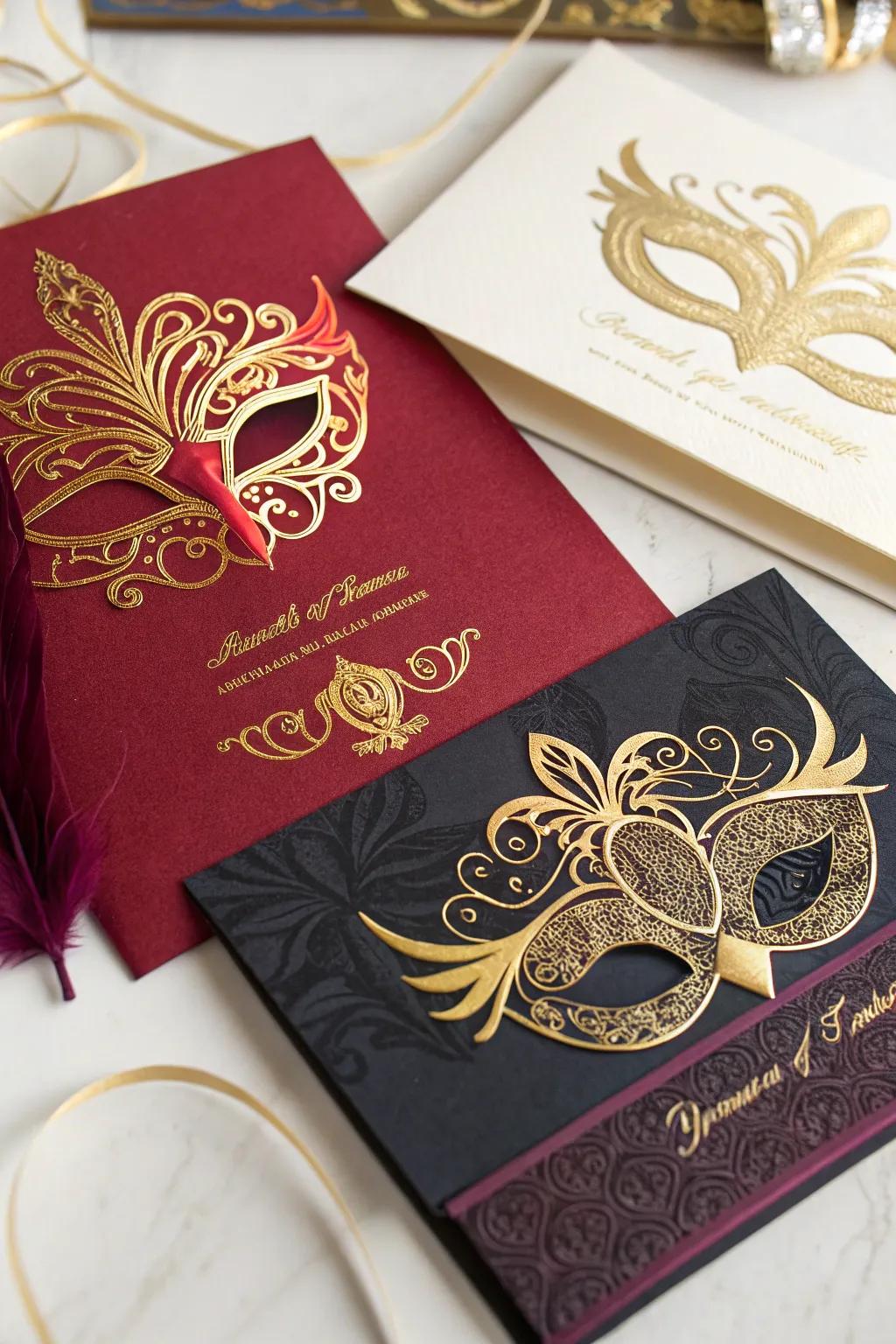 Custom invitations that set the tone for a masquerade-themed quinceañera.