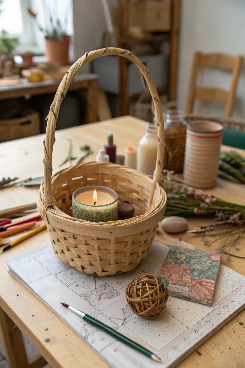An artisan-inspired May basket with handcrafted treasures.