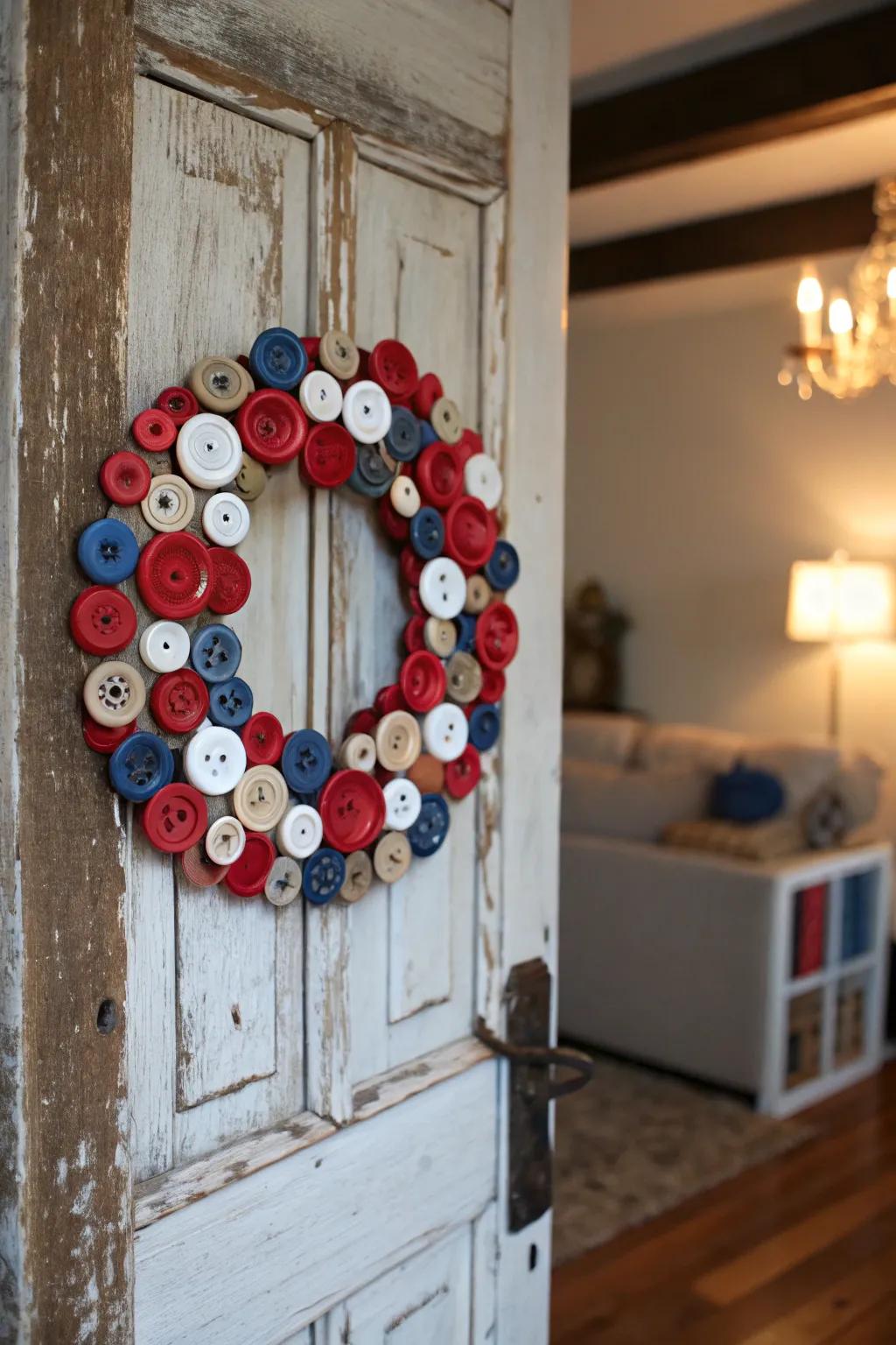 A textured wreath made from repurposed buttons.