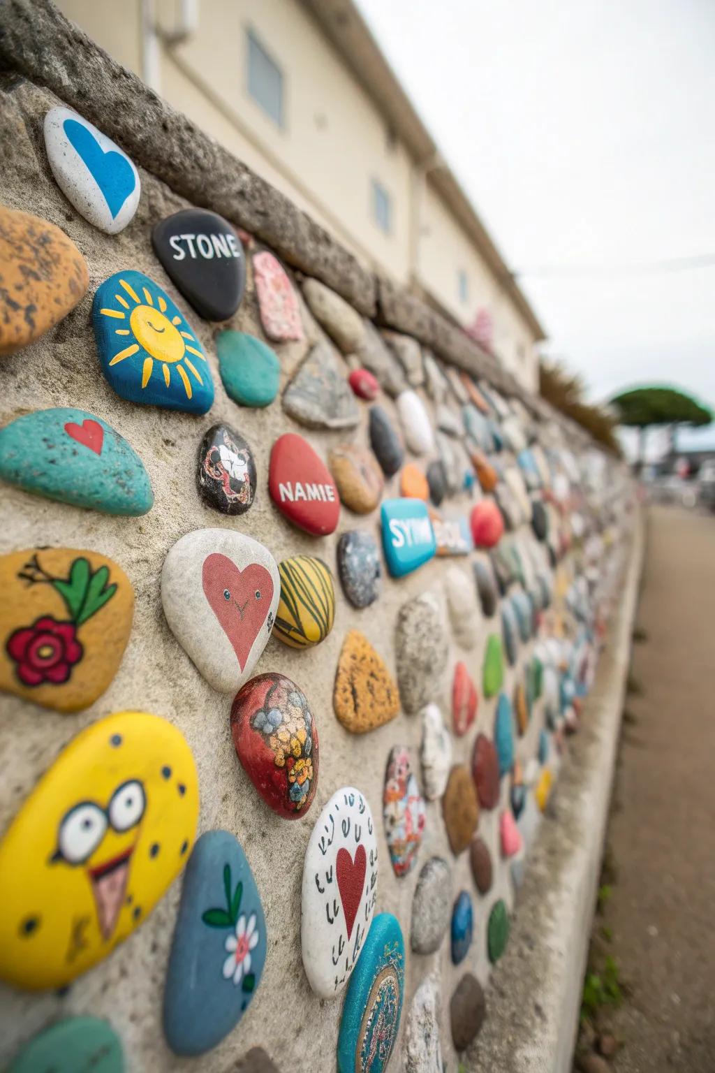 Hand-painted stones telling stories on a garden memorial wall.