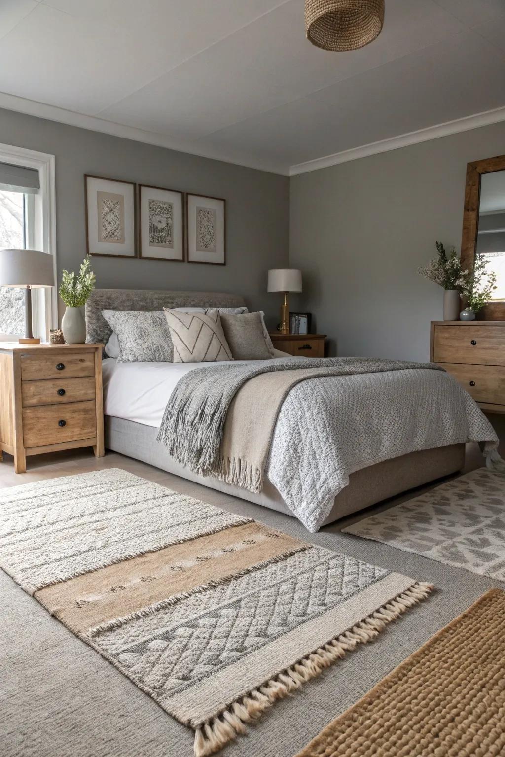 Layered rugs add warmth and texture to the grey bedroom.