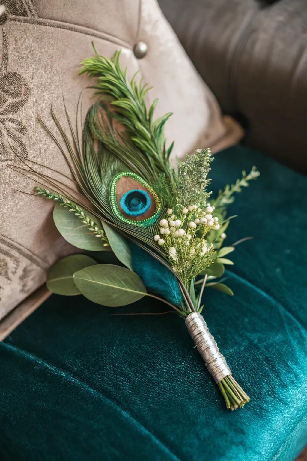 A peacock feather boutonniere adds a unique touch.