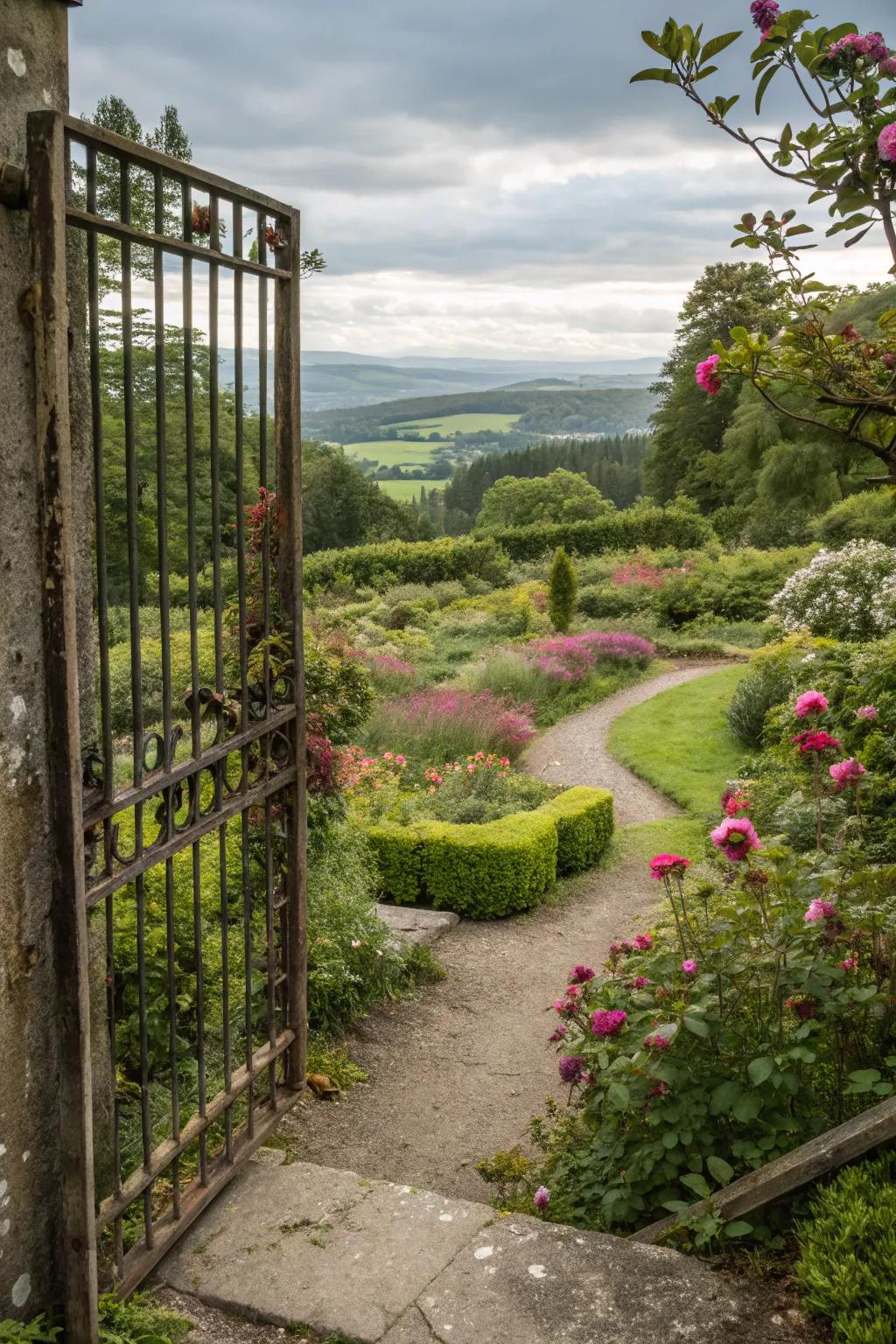 Gates that frame views add a curated feel to gardens.