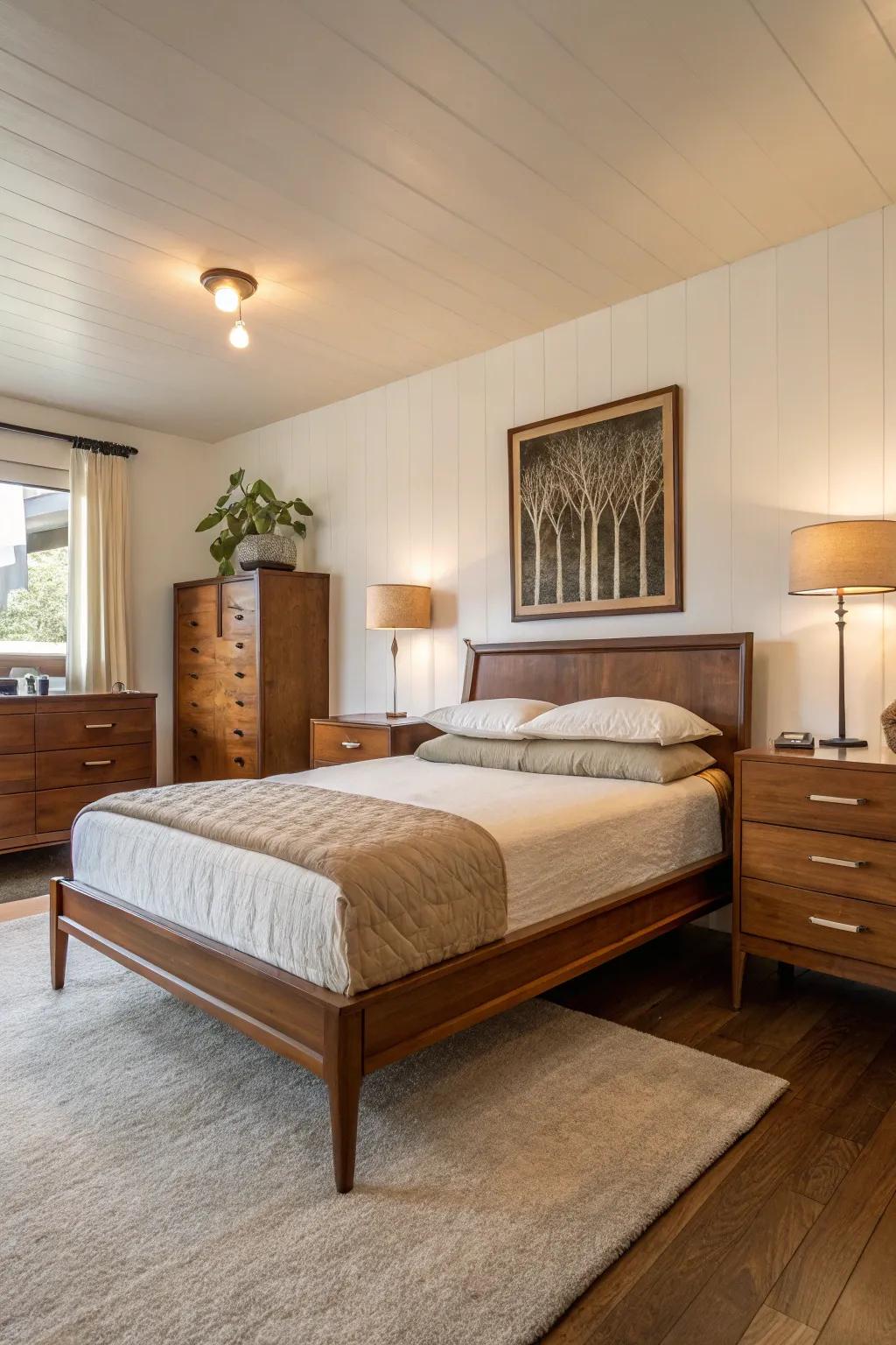 A stylish platform bed and dresser add both function and flair to this mid-century modern bedroom.