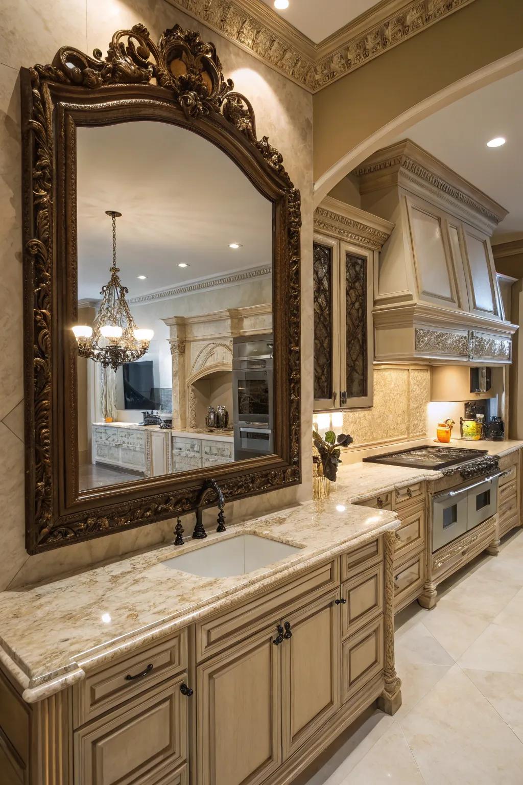 An ornate mirror that adds a luxurious touch to the kitchen.