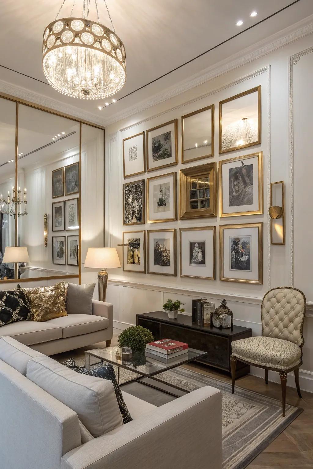 Mirrors add light and space to the gallery wall.