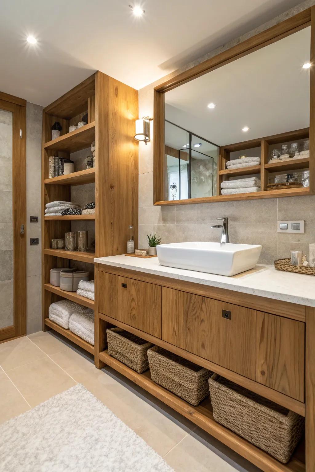 Wood elements add warmth to this modern bathroom.