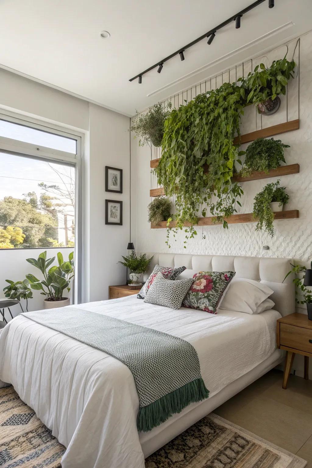 Plants bring life and freshness to your bed wall design.