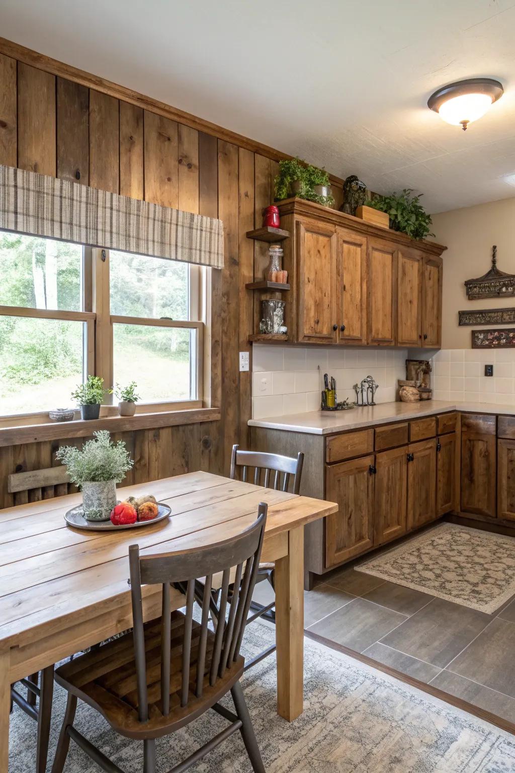 Embracing rustic charm with reclaimed wood chair rails.