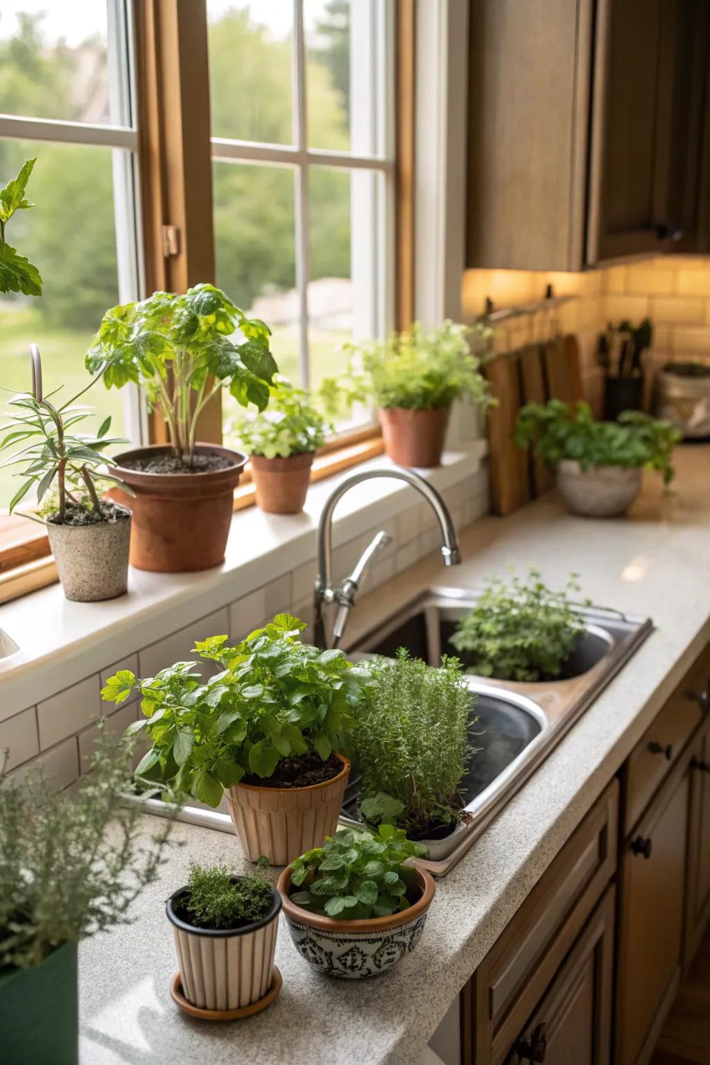 Greenery brings freshness and life to this modern farmhouse kitchen.