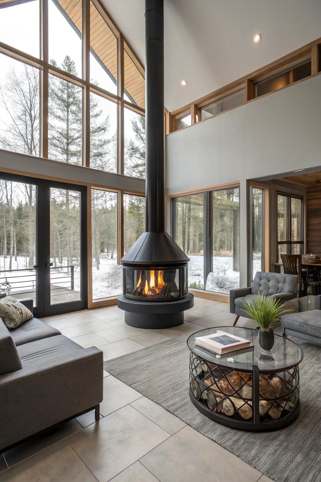 A glass-enclosed fireplace that combines safety with sleek design.